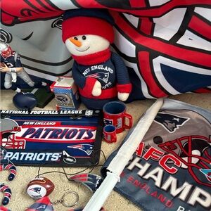 New England Patriots assortment of flag, pennants, hat, bow tie, hat, plate, etc